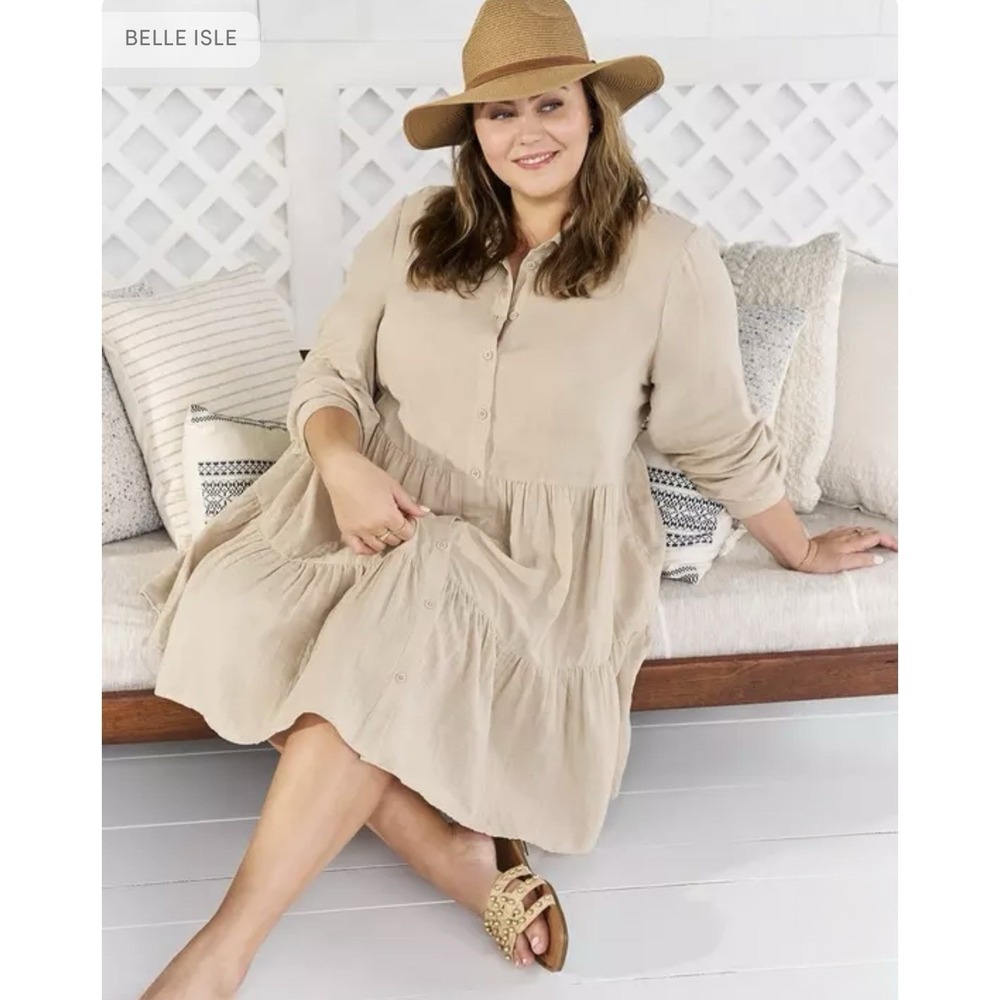 Belle Isle Torrid New Tiered Pockets Poplin Tiered Button Up‎ Dress 14-16 Beige